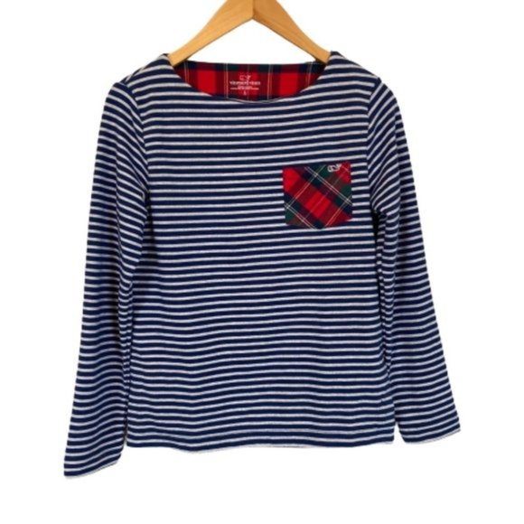 Vineyard Vines Girls Navy Striped Sweatshirt Tunic With Merry Plaid Pocket NEW - Picture 9 of 9